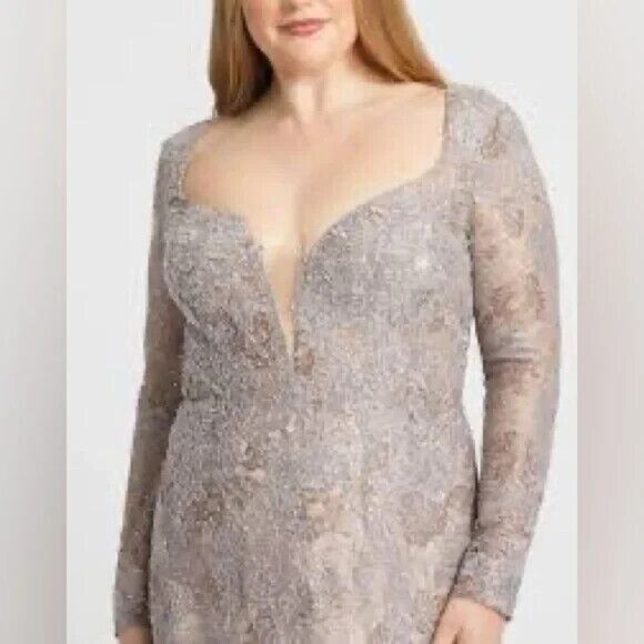 NWT Mac Duggal 49168 SZ 14W EMBELLISHED FLORAL LACE LONG SLEEVED GOWN NUDE - Picture 2 of 5